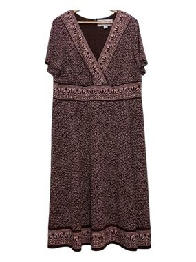 Jessica Howard Midi Dress 18W Brown Pink Stretch Jersey Empire Waist Plus Size